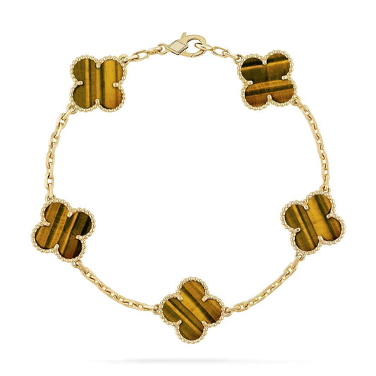 [Raffine] PULSERA DE OJO DE TIGRE CON 5 MOTIVOS DE TRÉBOL 