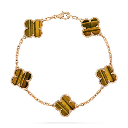 [Raffine] PULSERA DE OJO DE TIGRE CON 5 MOTIVOS DE TRÉBOL 