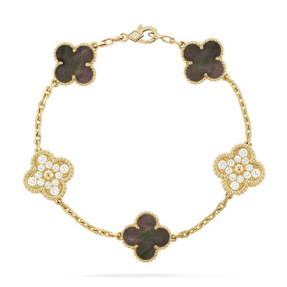 [Raffine] PULSERA DE DIAMANTES CON 5 MOTIVOS DE TRÉBOL Y MOPA GRIS