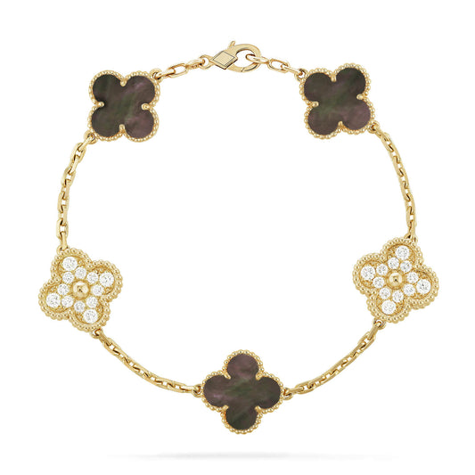 [Raffine] PULSERA DE DIAMANTES CON 5 MOTIVOS DE TRÉBOL Y MOPA GRIS
