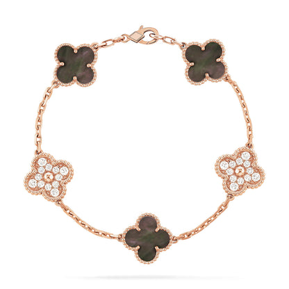 [Raffine] PULSERA DE DIAMANTES CON 5 MOTIVOS DE TRÉBOL Y MOPA GRIS