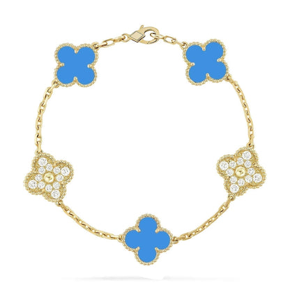 [Raffine]CLOVER 5 MOTIF BLUE CHALCEDONY DIAMOND GOLD BRACELET
