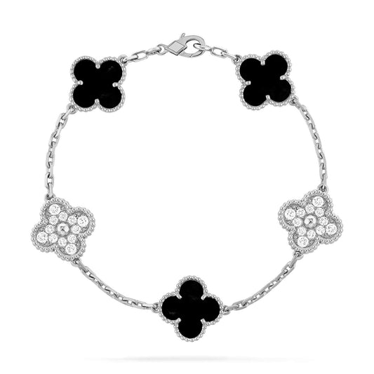 [Raffine]CLOVER 5 MOTIF ONYXS DIAMOND BRACELET SILVER