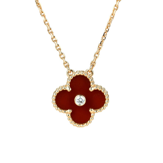 [Raffine] COLLAR DE CORNALINA CON DIAMANTES Y TRÉBOL DE 15 MM