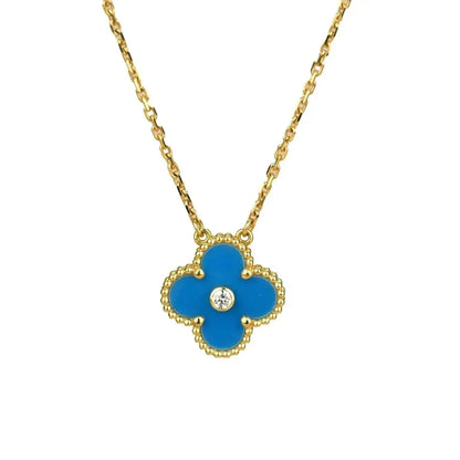 [Raffine] COLLAR DE TRÉBOL DE 15 MM CON DIAMANTES Y ÁGATA AZUL