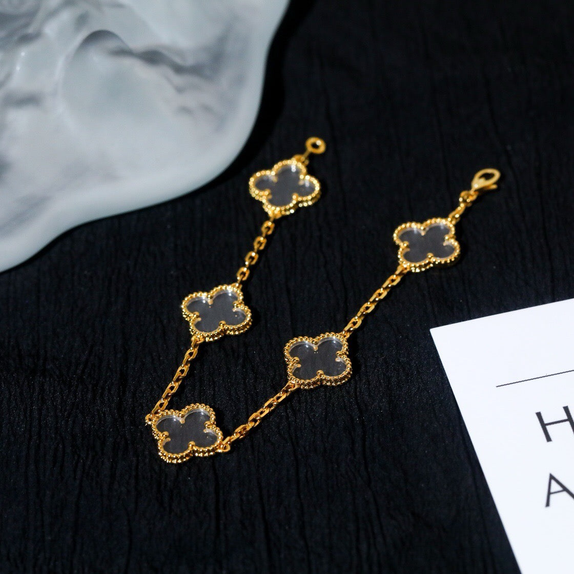 [Raffine]CLOVER 5 MOTIF ROCK CRYSTAL PINK GOLD BRACELET