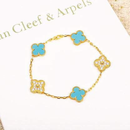 [Raffine]CLOVER 5 MOTIF TURQUOISE DIAMOND GOLD BRACELET