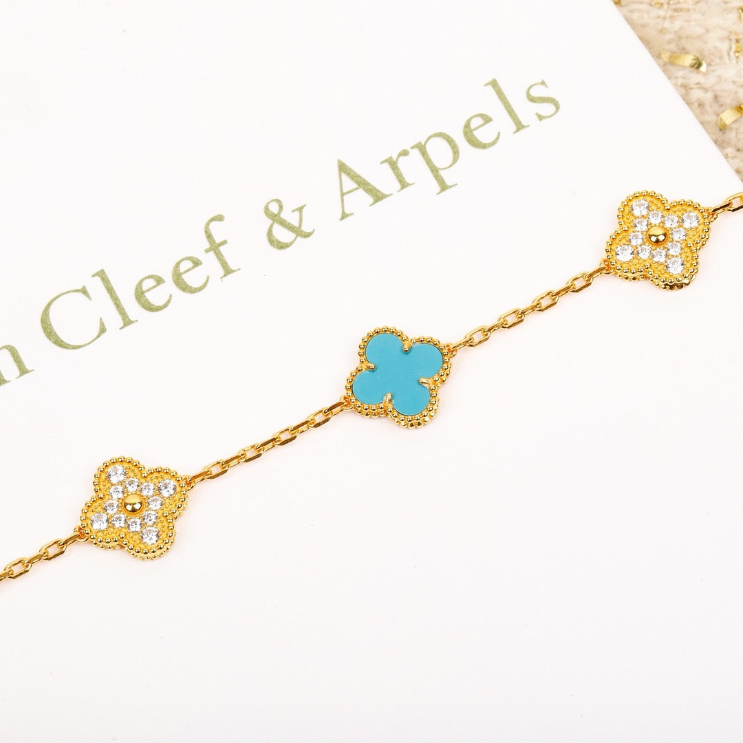[Raffine]CLOVER 5 MOTIF TURQUOISE DIAMOND GOLD BRACELET