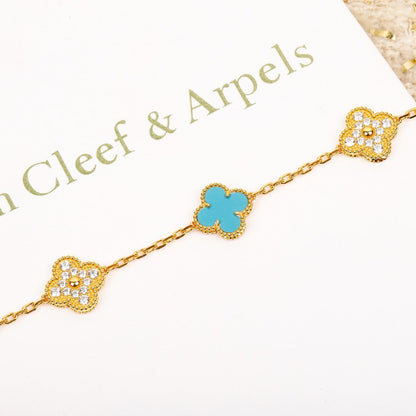 [Raffine]CLOVER 5 MOTIF TURQUOISE DIAMOND GOLD BRACELET