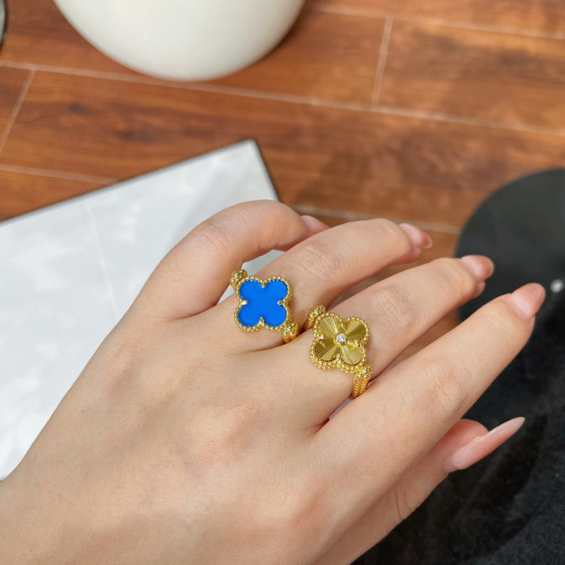 [Raffine]Anillo de ágata azul ribereña de trébol