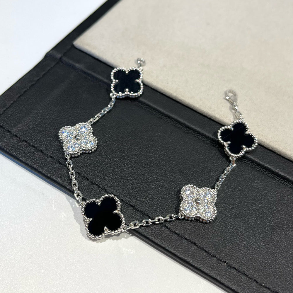 [Raffine]CLOVER 5 MOTIF ONYXS DIAMOND BRACELET SILVER