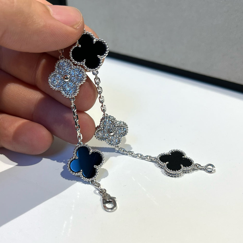 [Raffine]CLOVER 5 MOTIF ONYXS DIAMOND BRACELET SILVER
