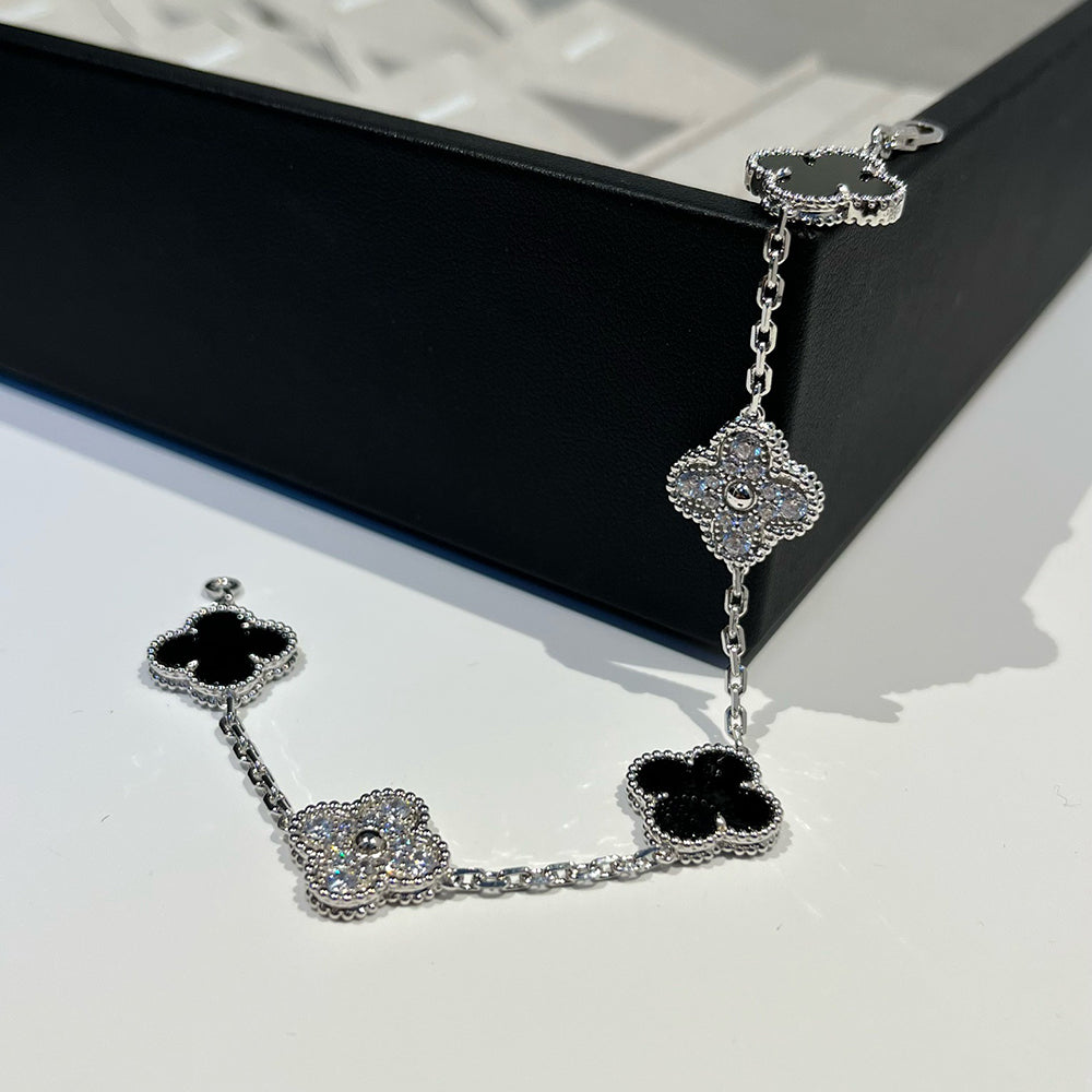 [Raffine]CLOVER 5 MOTIF ONYXS DIAMOND BRACELET SILVER