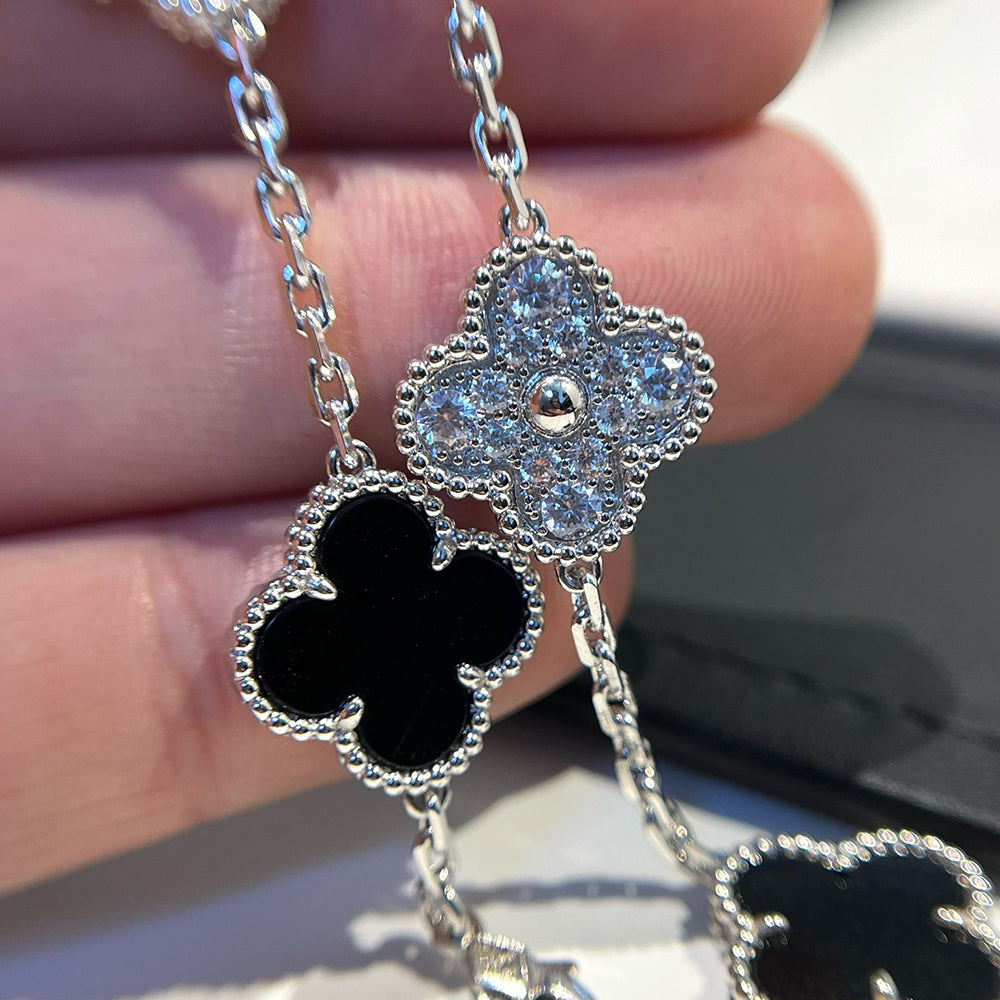[Raffine]CLOVER 5 MOTIF ONYXS DIAMOND BRACELET SILVER