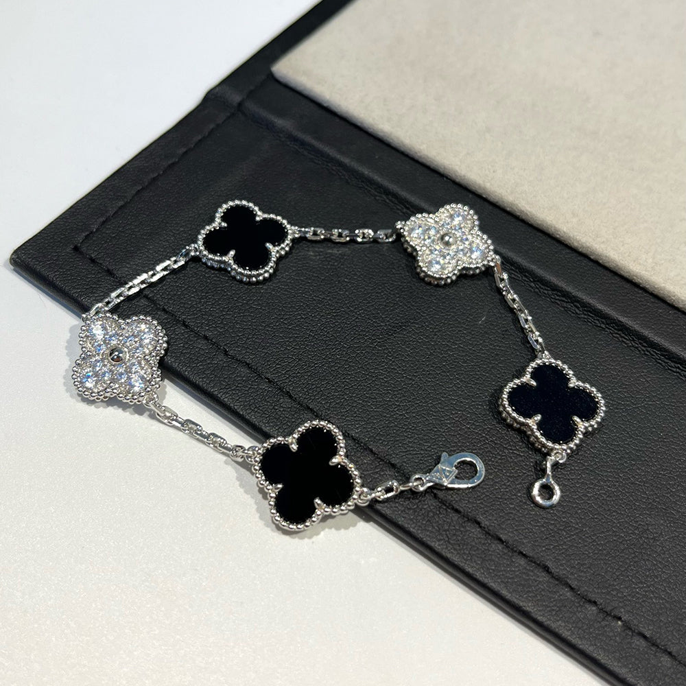[Raffine]CLOVER 5 MOTIF ONYXS DIAMOND BRACELET SILVER