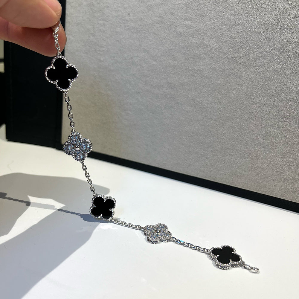 [Raffine]CLOVER 5 MOTIF ONYXS DIAMOND BRACELET SILVER