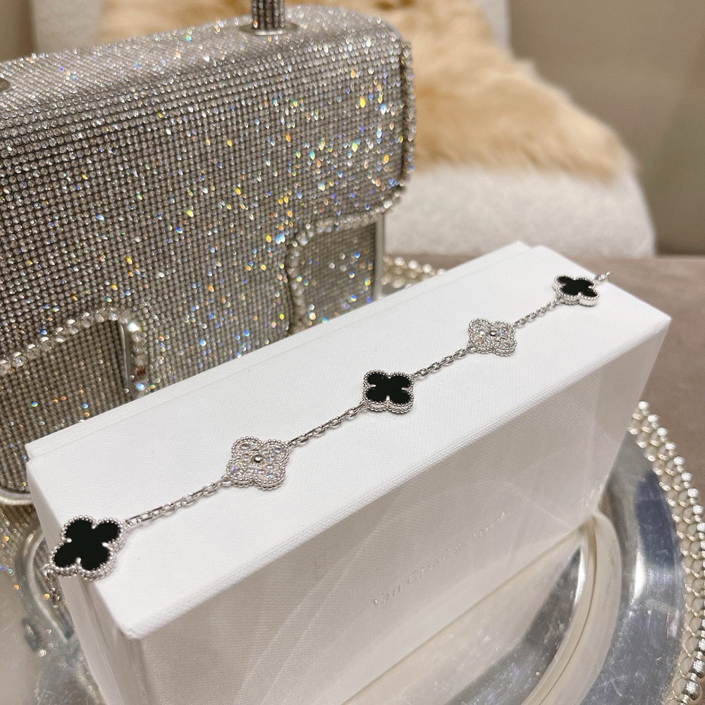 [Raffine]CLOVER 5 MOTIF ONYXS DIAMOND BRACELET SILVER
