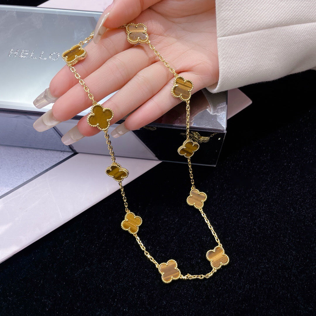 [Raffine] COLLAR DE OJO DE TIGRE CON 10 MOTIVOS DE TRÉBOL