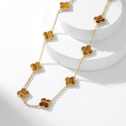 [Raffine] COLLAR DE OJO DE TIGRE CON 10 MOTIVOS DE TRÉBOL