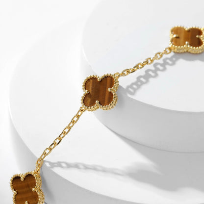 [Raffine] COLLAR DE OJO DE TIGRE CON 10 MOTIVOS DE TRÉBOL