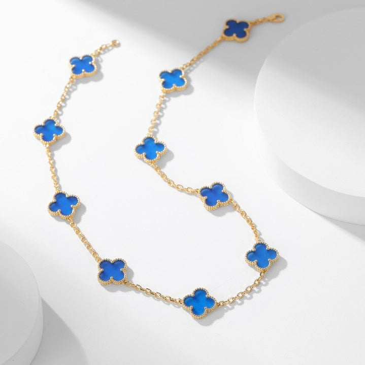 [Raffine] COLLAR DE ÁGATA AZUL CON 10 MOTIVOS DE TRÉBOL