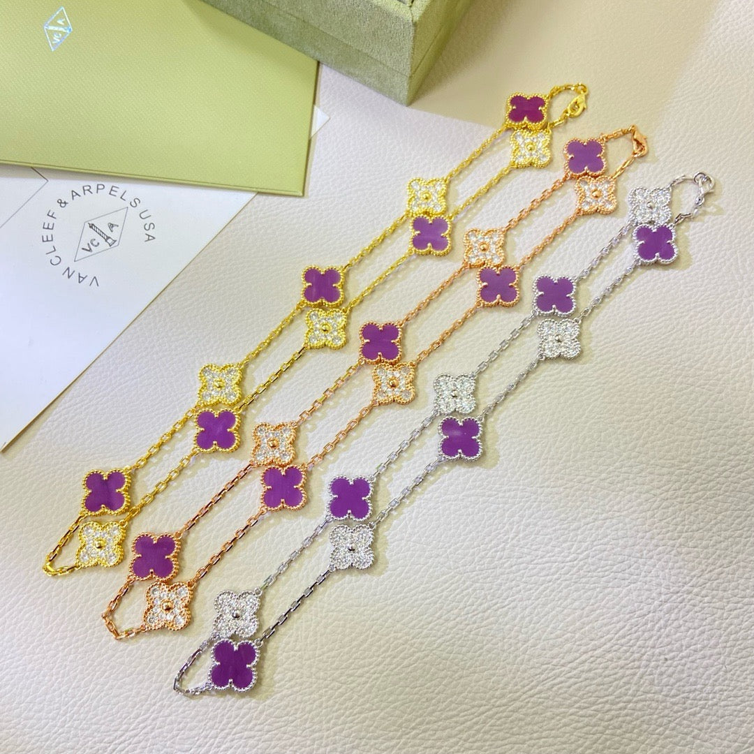 [Raffine] COLLAR DE DIAMANTES PÚRPURA VIOLETA CON 10 MOTIVOS DE TRÉBOL