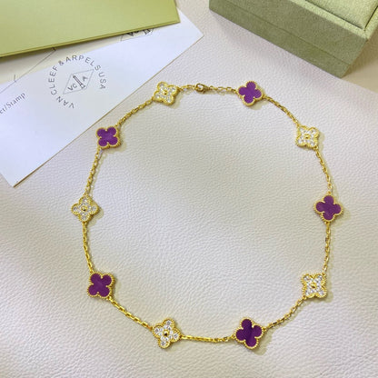 [Raffine] COLLAR DE DIAMANTES PÚRPURA VIOLETA CON 10 MOTIVOS DE TRÉBOL