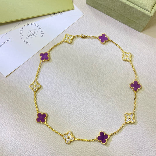 [Raffine] COLLAR DE DIAMANTES PÚRPURA VIOLETA CON 10 MOTIVOS DE TRÉBOL