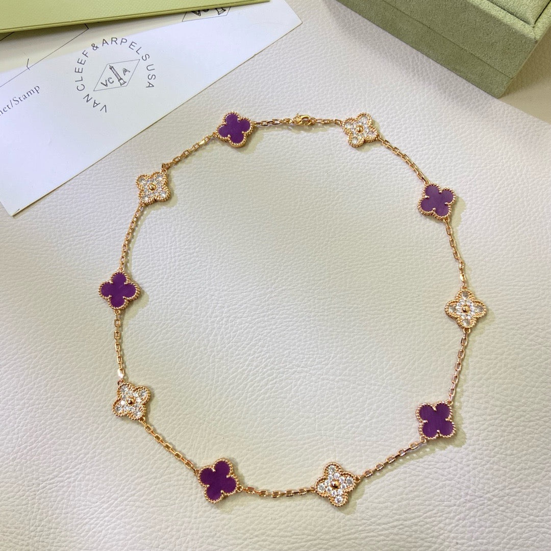 [Raffine] COLLAR DE DIAMANTES PÚRPURA VIOLETA CON 10 MOTIVOS DE TRÉBOL
