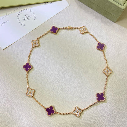 [Raffine] COLLAR DE DIAMANTES PÚRPURA VIOLETA CON 10 MOTIVOS DE TRÉBOL