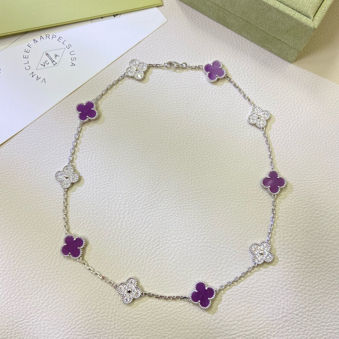 [Raffine] COLLAR DE DIAMANTES PÚRPURA VIOLETA CON 10 MOTIVOS DE TRÉBOL
