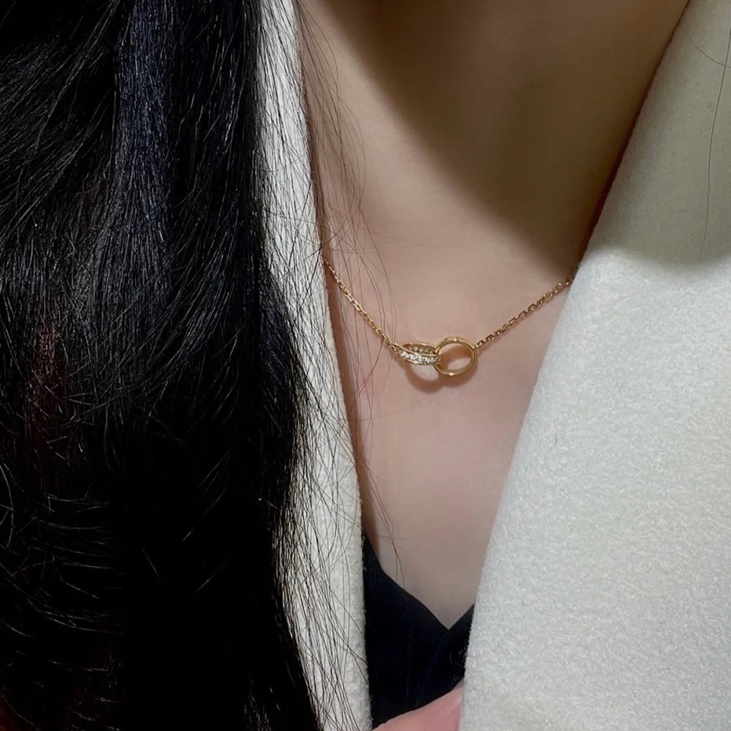 [Raffine]LOVE DOUBLE RING HALF DIAMOND NECKLACE