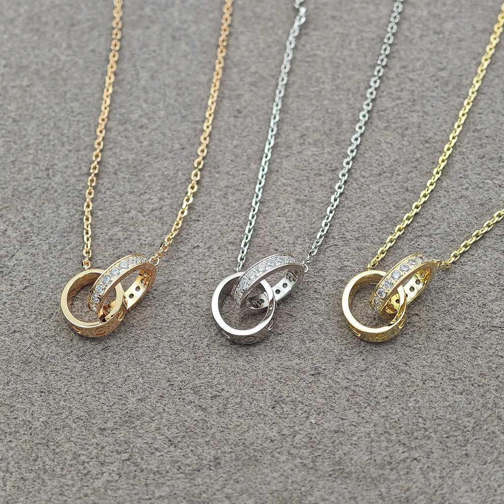 [Raffine]LOVE DOUBLE RING HALF DIAMOND NECKLACE