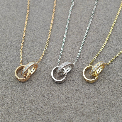[Raffine]LOVE DOUBLE RING HALF DIAMOND NECKLACE