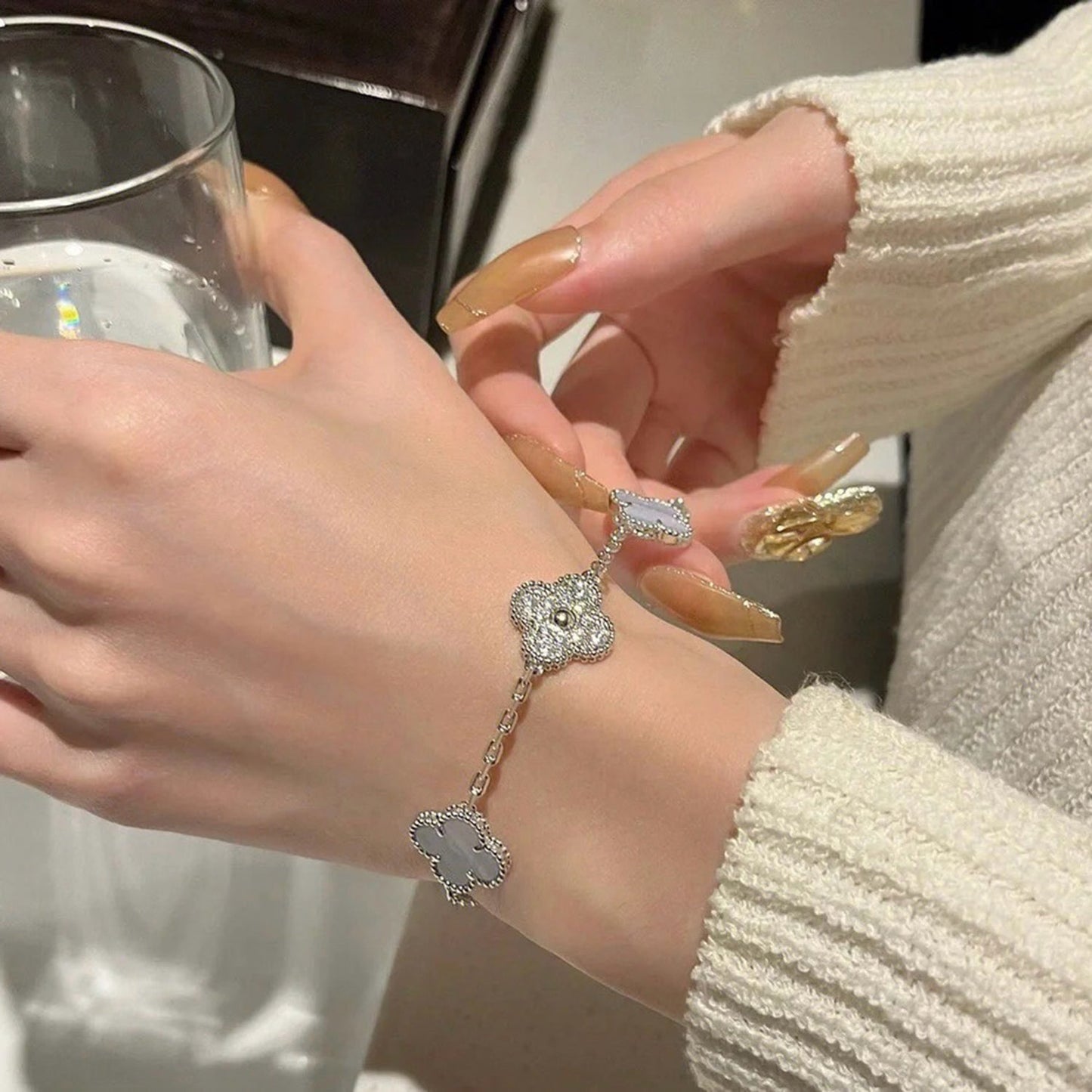 [Raffine]CLOVER  5 MOTIF DIAMOND PURPLE CHALCEDONY BRACELET SILVER