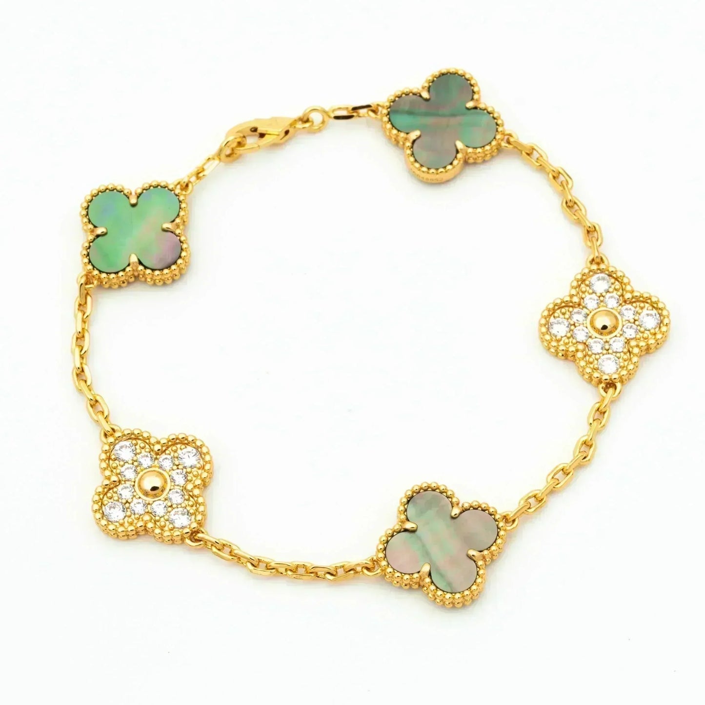 [Raffine] PULSERA DE DIAMANTES CON 5 MOTIVOS DE TRÉBOL Y MOPA GRIS