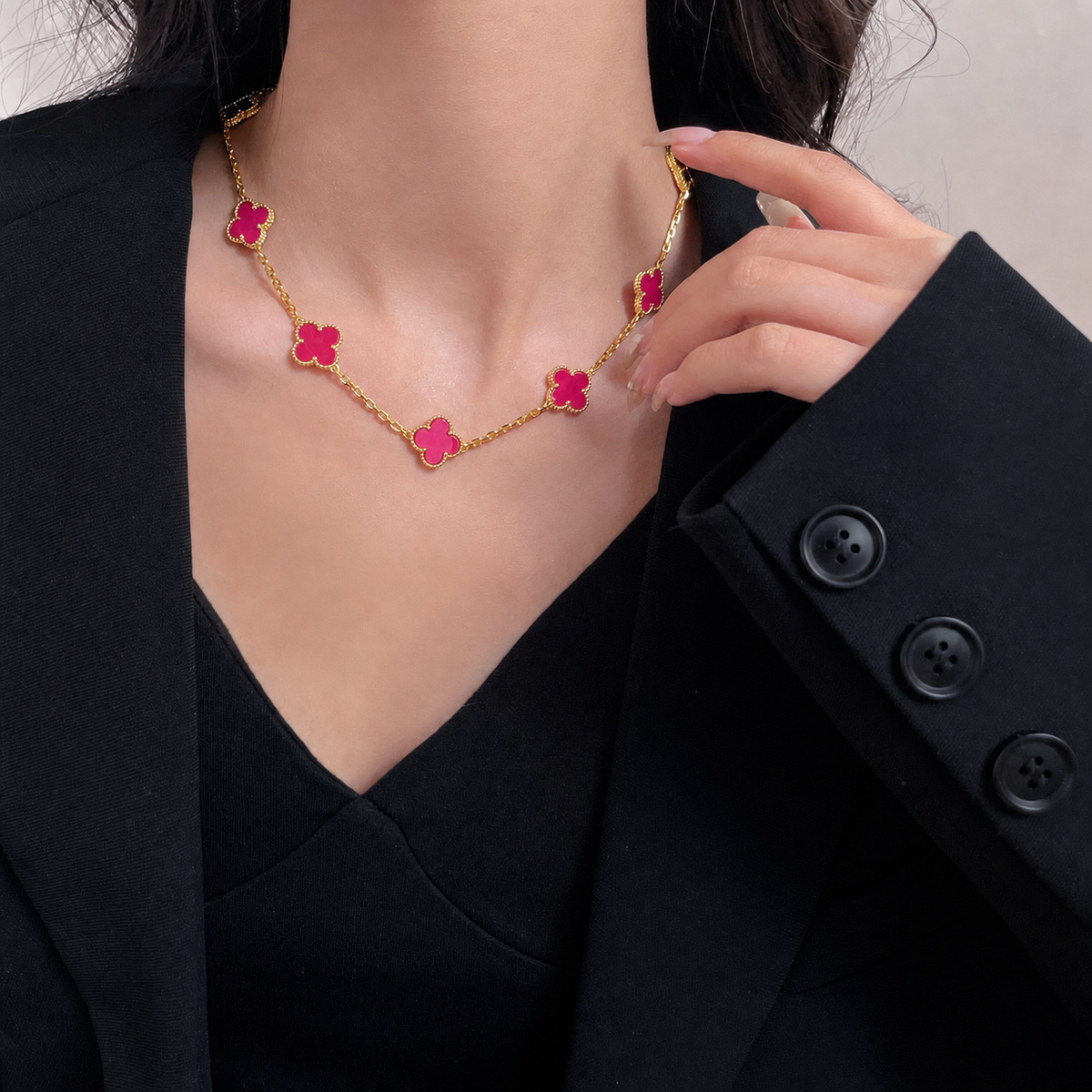 [Raffine]NEW CLOVER 10 MOTIFS PINK ENAMEL NECKLACE