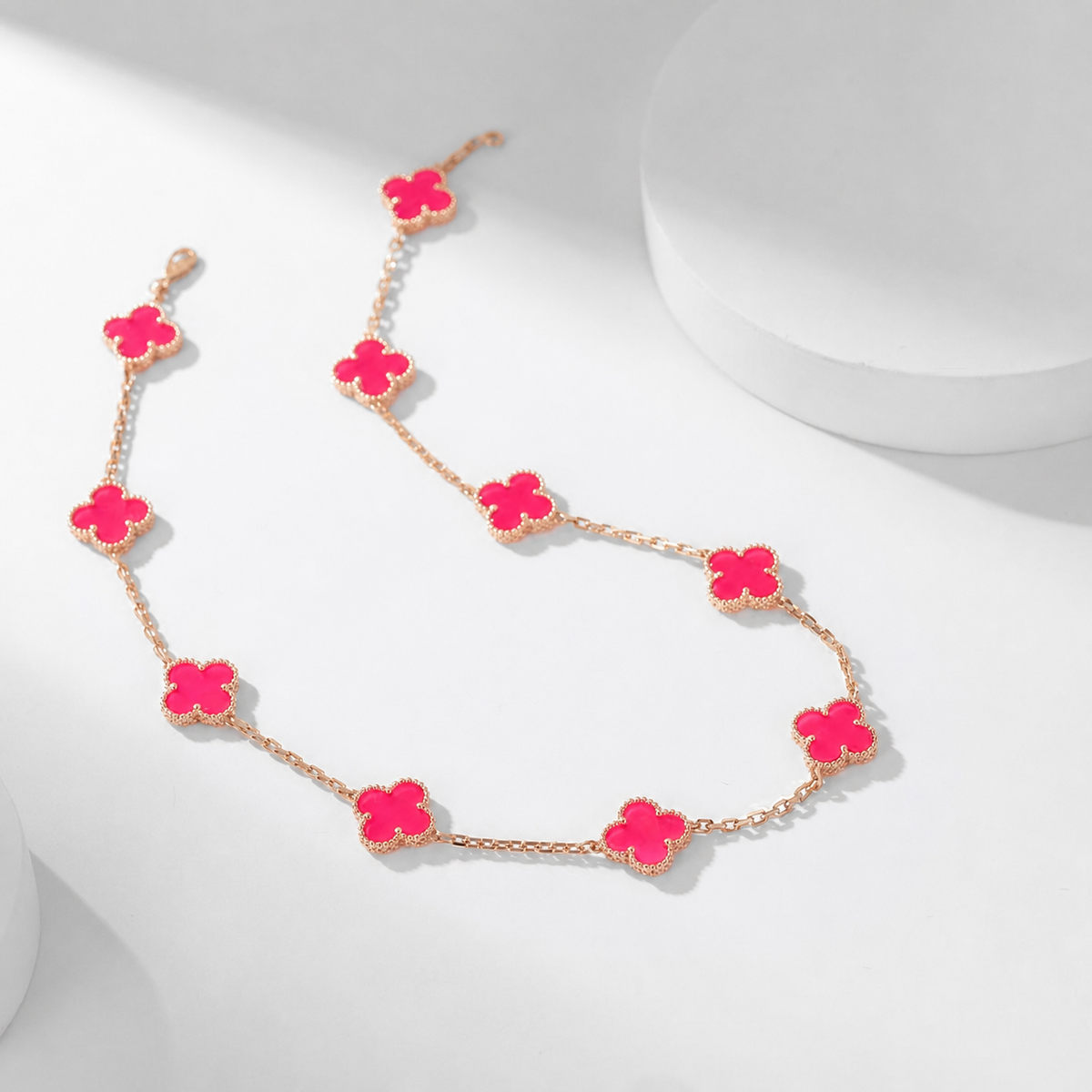 [Raffine]NEW CLOVER 10 MOTIFS PINK ENAMEL NECKLACE