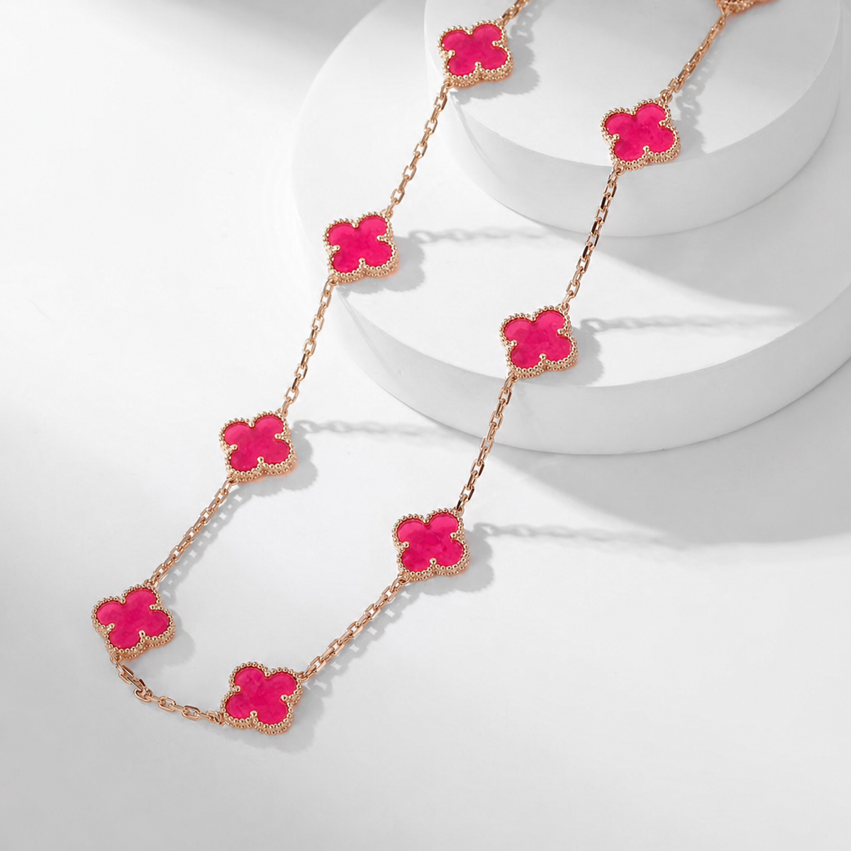 [Raffine]NEW CLOVER 10 MOTIFS PINK ENAMEL NECKLACE