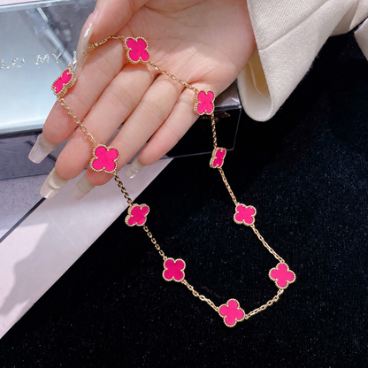 [Raffine]NEW CLOVER 10 MOTIFS PINK ENAMEL NECKLACE