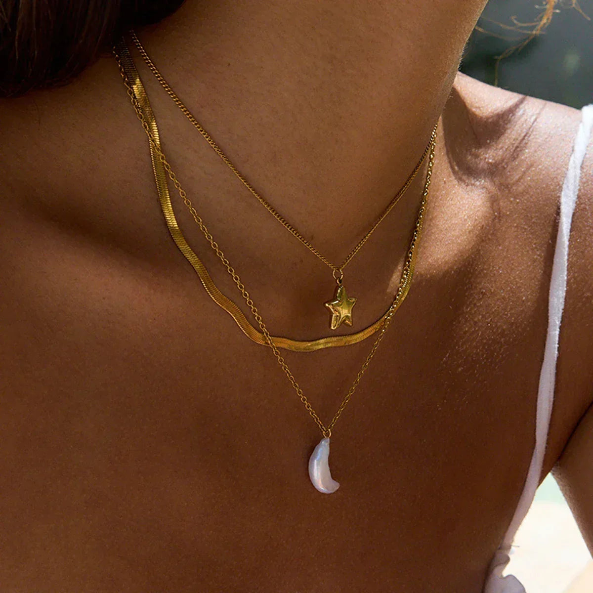 [Raffine]Cirra Sun & Moon Layered Gold Necklace