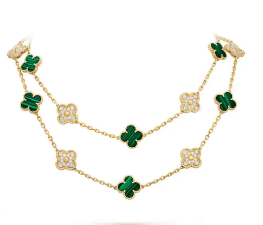 [Raffine] COLLAR DE DIAMANTES Y MALAQUITA CON 20 MOTIVOS DE TRÉBOL