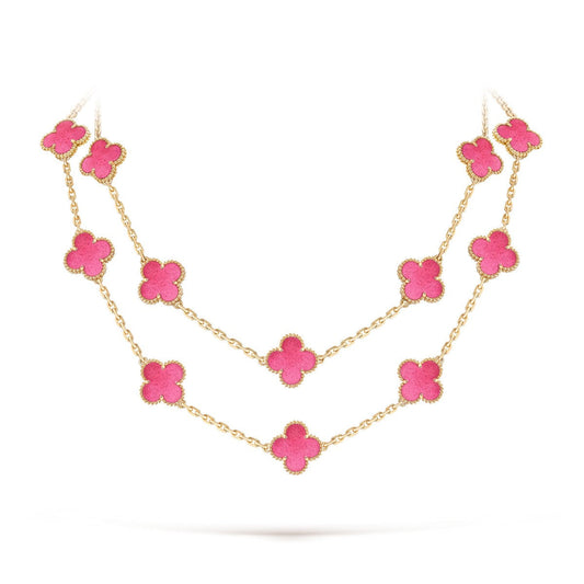 [Raffine] NEW CLOVER 20 MOTIFS PINK ENAMEL NECKLACE