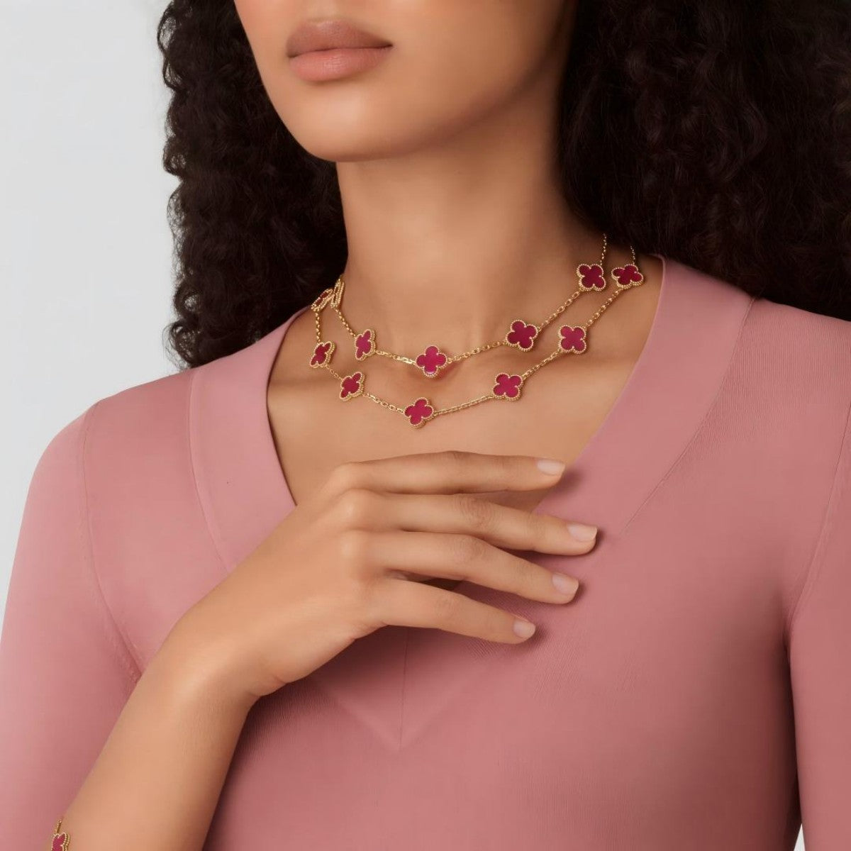 [Raffine] NEW CLOVER 20 MOTIFS PINK ENAMEL NECKLACE