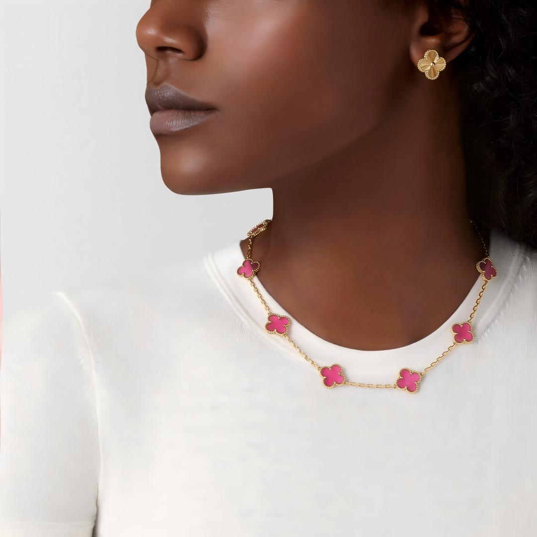 [Raffine]NEW CLOVER 10 MOTIFS PINK ENAMEL NECKLACE