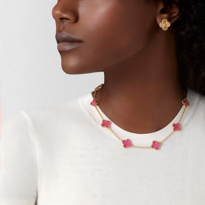 [Raffine]NEW CLOVER 10 MOTIFS PINK ENAMEL NECKLACE
