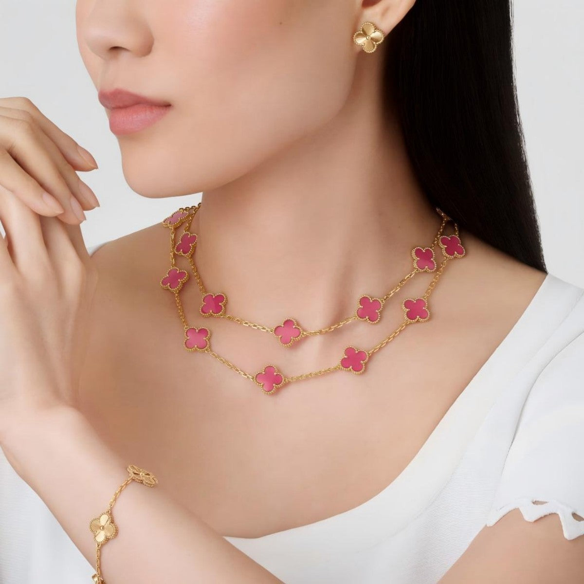 [Raffine] NEW CLOVER 20 MOTIFS PINK ENAMEL NECKLACE