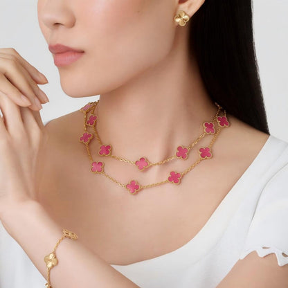 [Raffine] NEW CLOVER 20 MOTIFS PINK ENAMEL NECKLACE