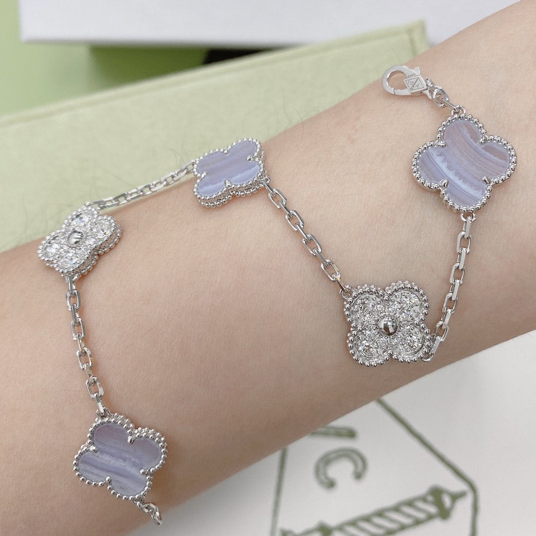 [Raffine]CLOVER  5 MOTIF DIAMOND PURPLE CHALCEDONY BRACELET SILVER