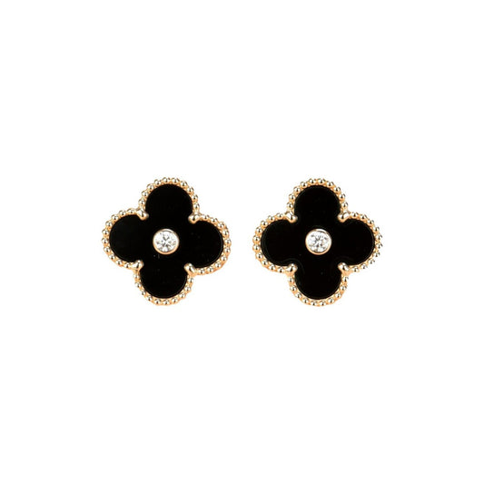 [Raffine]CLOVER MEDIUM 1 MOTIFS ONYX DIAMOND EARRINGS